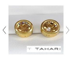 T TAHARI Logo Gold Tone Round Topaz Post Earrings